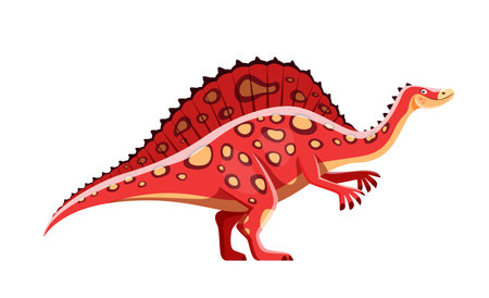 Cartoon Ouranosaurus dinosaur character. Cretaceous period monster or dinosaur, extinct creature or red lizard comic vector personage. Paleontology herbivore beast or animal with sail on backのイラスト素材