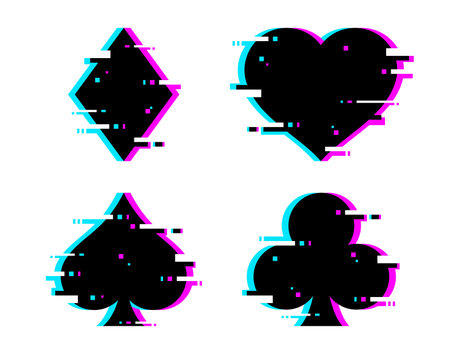Casino poker card glitch suits, vector gambling game. Black heart, spade, club and diamond suits of blackjack or poker playing cards deck with glitch effect, tv screen or digital pixel noise textureのイラスト素材