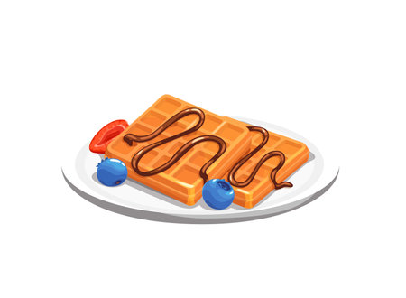 Cartoon belgian waffles. Isolated vector baked dessert with chocolate topping and fresh berries. Homemade pastry on plate with choco sauce, strawberry and blueberry. Delicious breakfast or cafe mealのイラスト素材