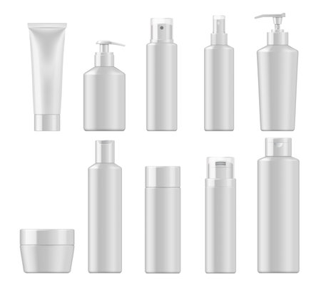 Cosmetics package mockups. Vector realistic containers of beauty products, white blank plastic bottles, tubes and jar for cream, lotion and shampoo, skin care spray, shower gel, bath oil, liquid soapのイラスト素材