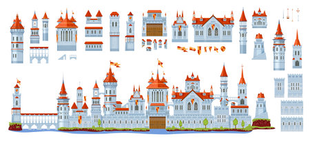 Medieval fortress castle constructor. Vector architecture elements of ancient palace building, stone walls, towers, flags and archways, gates and windows set. Fantasy castle, palace, fort and citadelのイラスト素材