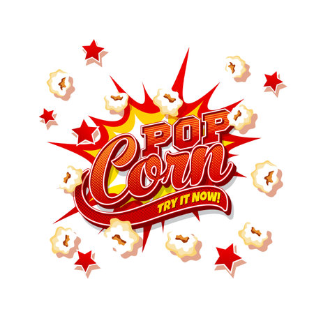 Popcorn snack explosion, cartoon pop corn burst splash, vector background. Popcorn splash and halftone text with stars explosion, Try It Now commercial advertising for cinema bar or movie snacks menuのイラスト素材