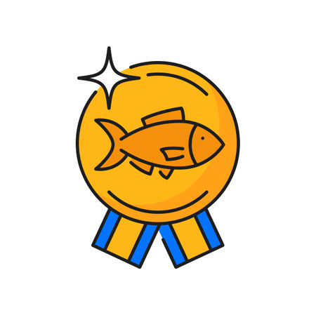 Fishing industry product quality medal line icon. Seafood production or food manufacture award, fishing industry company prize or label outline vector sign. Fish product quality golden medal pictogramのイラスト素材