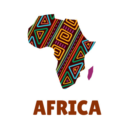 Africa map icon, African festival, travel, tourism and culture vector symbol. Africa day icon of map from ornament pattern, ethnic music festival or tribal event and African safari tour signのイラスト素材