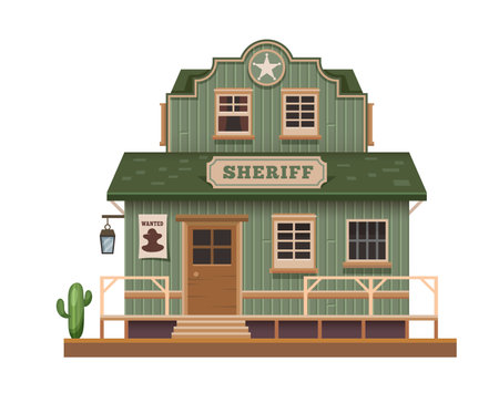 Western, Wild West sheriff office, town building of cowboy cartoon, vector old house of wood. American country city or Wild West architecture, Texas sheriff office or police building with signのイラスト素材