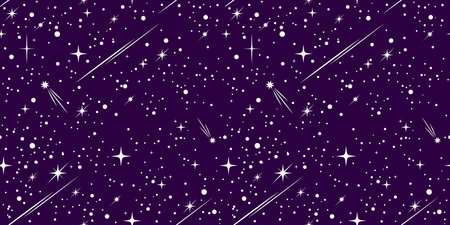 Space sky seamless pattern, stars and comets on violet background. Vector magic cosmic abstract esoteric ornament. Astronomy or astrology science repeated backdrop, starry galaxy or infinite Universeのイラスト素材