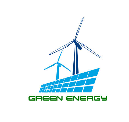 Wind turbine and solar panel icon. Green clean energy. Energy generation alternative source, clean electricity production plant or station, wind turbine or solar panels install service vector symbolのイラスト素材
