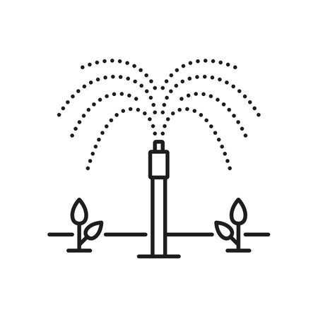 Garden and field irrigation system icon. Plants aquaponics drip water, farm irrigation automatic system or seedling sprinkling technology vector sign. Agriculture watering equipment outline pictogramのイラスト素材