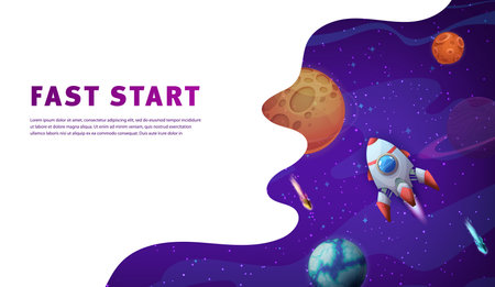 Space landing page, rocket spaceship in outer space between planets, vector website template. Fast start, business start up landing page layout with rocket spaceship and galaxy planets and starry skyのイラスト素材