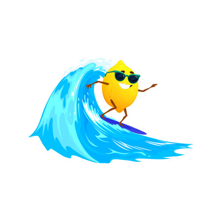 Cartoon surfer lemon character riding large wave. Vector yellow citrus on surfboard in sunglasses with happy smile get surfing thrill, adventure and summertime fun. Active adventurous beach lifestyleのイラスト素材