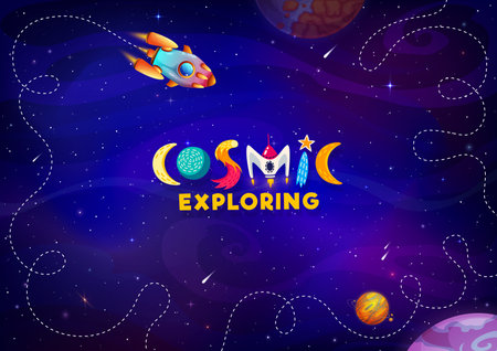 Cartoon starry space background, rocket and stars or galaxy planets, vector cosmic fantasy. Spaceship rocket in spaceflight to galaxy planets in outer space to moon or earth, cosmos sky and asteroidsのイラスト素材