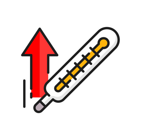 Allergy and cold fever symptom color line icon. Influenza or flu virus infection, disease or health problem outline vector pictogram. Allergic reaction symptom symbol or sign with medical thermometerのイラスト素材