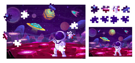 Space and astronaut on planet, jigsaw puzzle game pieces, vector galaxy grid background. Spaceman on planet with UFO, starships and spaceship rockets, kids puzzle jigsaw pieces or game worksheetのイラスト素材