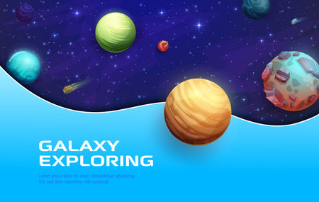 Space landing page with 3D galaxy planets, stars and starry universe, vector background. Galaxy exploring landing page or website template with cosmic fantasy world alien planet and meteoritesのイラスト素材