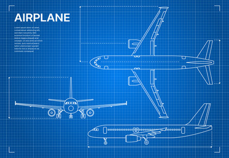 Outline plane aircraft blueprint or airplane design drawing, vector aviation industry. Plane jet blueprint plan with side and top view, aeroplane technical scheme in contour sketch line on blue printのイラスト素材