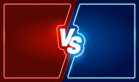 Neon versus battle frame of vector sport game competition, match, challenge or boxing fight. Blue and red team or fighters VS battle screen, versus background with glowing light borders for duel themeのイラスト素材