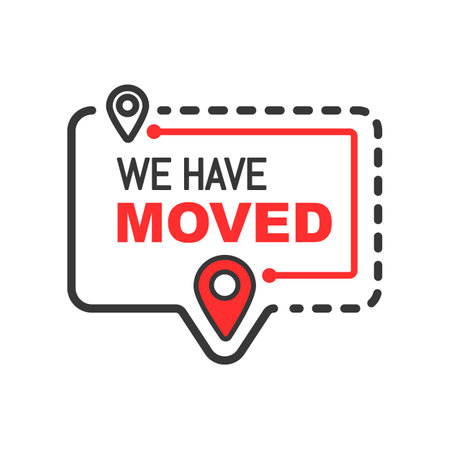 Have move vector icon of changed address navigation pins, new location of office, house or business. Relocation announcement isolated symbol with map pointers and red route in frame of speech bubbleのイラスト素材