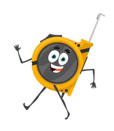 Cartoon tape measure tool character, construction works item and vector measuring equipment. Funny measure tape with smile face, cartoon personage for DIY workshop repair and carpentry work toolsのイラスト素材