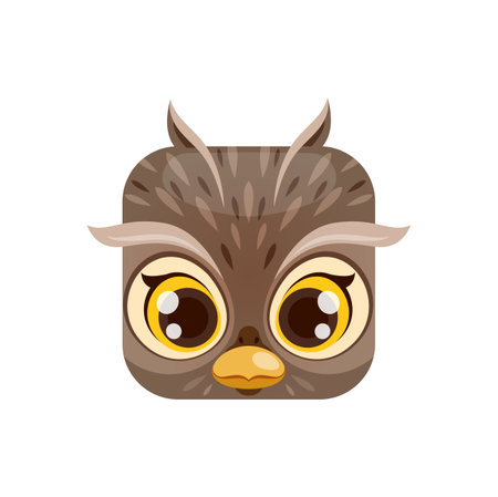 Owl cartoon kawaii square animal face, isolated vector forest bird character portrait with big round eyes. App button, icon, graphic design elementのイラスト素材