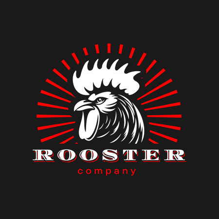 Agriculture and farm rooster mascot. Vector icon of cock or cockerel animal head, white feathers, comb and beak with red sun rays. Brave rooster symbol of poultry farm, chicken meat and egg food labelのイラスト素材