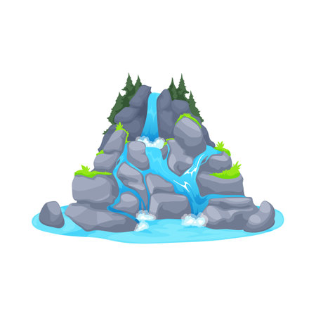 Waterfall, water fall from rock hill or cascade lake, vector cartoon nature or river mountain landscape. Waterfall cascade or jungle rainforest river flow on creek stones of forest cliff or islandのイラスト素材