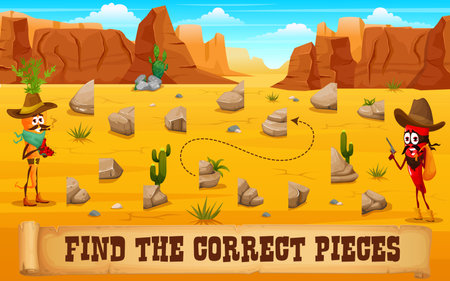 Western kids game find the correct piece of stones in wild west desert. Match the half cartoon vector worksheet with funny cowboys carrot and chilli pepper in arizona canyon with separated rocksのイラスト素材