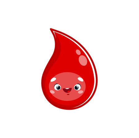 Cartoon blood drop character. Vector personage with cute smiling face. Red blood droplet mascot for donation, donor day, health care, medicine testのイラスト素材