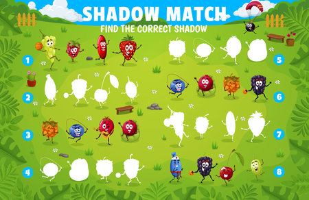Shadow match game worksheet. Cartoon berry characters on summer party. Kids playing activity, silhouette compare vector quiz or game with funny blackberry, grape and raspberry, cowberry, cherryのイラスト素材