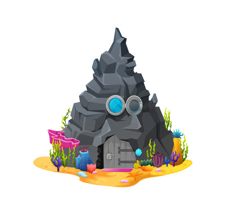 Cartoon cave in rock, underwater house building, vector undersea home dwelling. Mermaid or coral reef marine creature shelter in underwater rock with windows and door in cave, fairy marine houseのイラスト素材