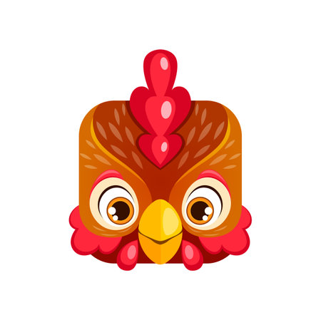 Chicken cartoon kawaii square animal face, isolated vector farm bird, hen character portrait with eyes and beak. App button, icon, graphic design elementのイラスト素材