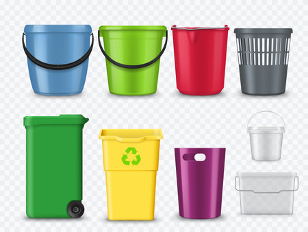 Plastic buckets, trash cans and containers realistic mockup. Household or laundry colorful buckets with handle, ice cream or mayonnaise packaging isolated vector mockups, realistic trash containersのイラスト素材