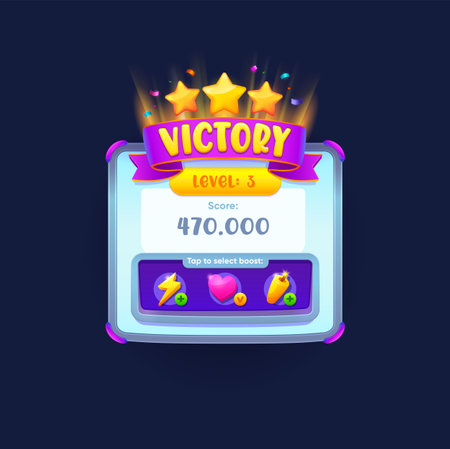Game victory sign, banner or popup window. Vector award badge with golden stars, assets and purple ribbon. Winner celebratory achievement reward bonus. Appreciation emblem, success celebration labelのイラスト素材