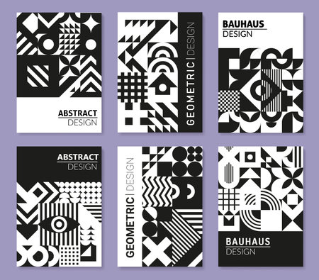Geometric monochrome Bauhaus abstract posters, vector modern geometric backgrounds. Bauhaus pattern of square, circle and triangle mosaic grid or vintage black gray seamless pattern for postersのイラスト素材
