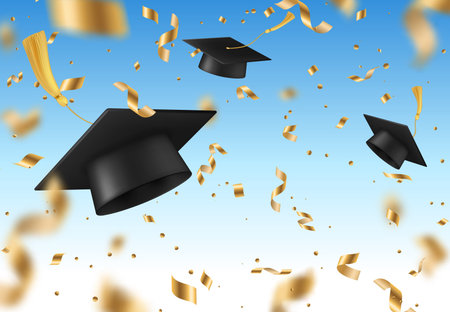 Student graduate caps with golden confetti. College, academy and school education vector background. Graduation celebration, congratulation or invitation card backdrop with falling caps and confettiのイラスト素材