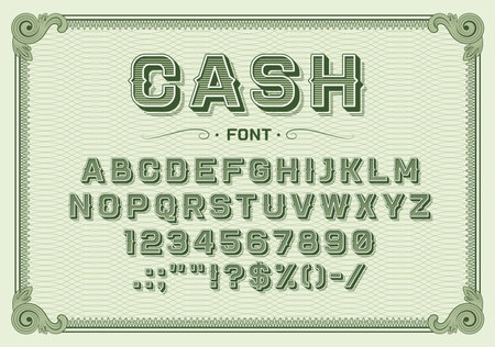 Money font, vintage type or typeface banknote alphabet, vector typography text. Dollar font or money currency retro type letters, old cash typeface of line guilloche pattern with typography symbolsのイラスト素材