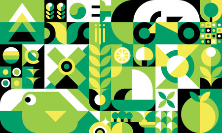 Bauhaus green pattern and geometric abstract background, vector mosaic geometry banner or poster. Bauhaus natural ornament tile pattern of fruit, leaf plant and bird, green agriculture organic patternのイラスト素材