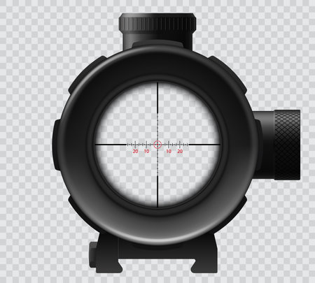 Military sniper scope, sight view target, isolated vector crosshair of gun. Realistic 3d weapon zoom, optical focus, viewfinder. Bullseye frame with cross aim or reticle on transparent backgroundのイラスト素材