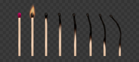 Burning match, stages of matchstick ignition from whole new to complete combustion and charring isolated 3d vector set. Realistic wood match sticks with normal, burning and burnt sulphur sprite sheetのイラスト素材