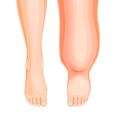 Edema foot. Swollen leg symptom. Fluid retention, thrombosis or tissue inflammation in legs, lymph circulation medical problem or overweight or oedema syndrome with vector swollen legsのイラスト素材