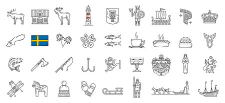 Sweden line, lineart, outline icons. Swedish history, food and landmarks symbols, European country travel pictograms, nature signs. Moose and deer, coat of arms, salmon and herring fish, viking shipのイラスト素材