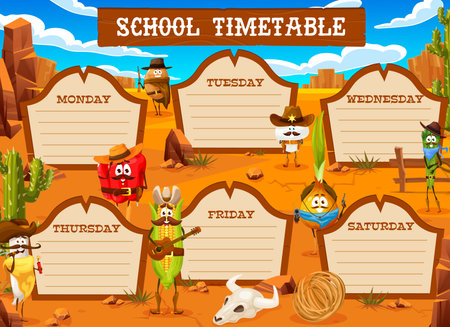 Timetable schedule, cartoon cowboy and bandit vegetable characters, vector weekly planner. Onion, pepper and bean with potato cowboy and corn sheriff school or kindergarten lessons timetable scheduleのイラスト素材