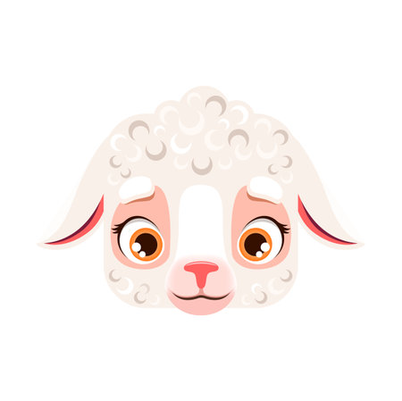 Cartoon sheep or lamb kawaii square animal face. Cute farm creature, baby jumbuck portrait. Isolated vector ewe or mutton character. App button, icon, graphic design elementのイラスト素材