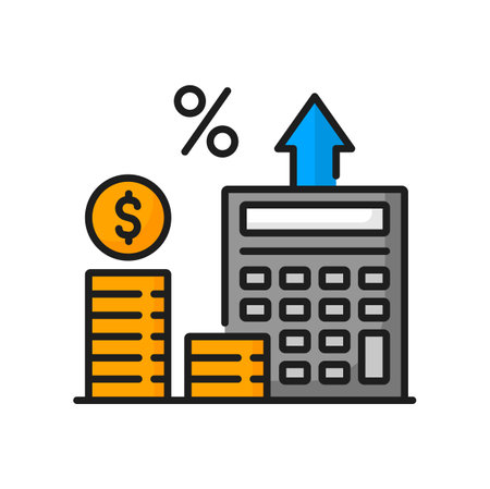 Enterprise resource planning color isolated ERP icon. Vector stack of gold coins with dollar sign, calculator and percent rate growth, resources managementのイラスト素材