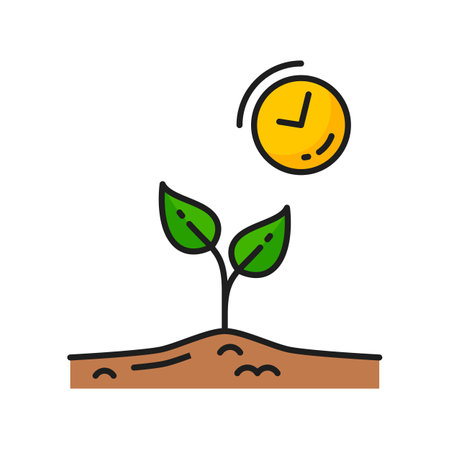 Plant growth time, agriculture and agronomy color line icon. Plant grow outline vector icon with sprout and clock, gardening or agronomy sign. Harvest germination, agriculture thin line symbolのイラスト素材