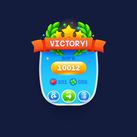 Game victory banner or popup window. Isolated vector UI menu element, award pop up screen with stars an bay leaves. Gui icon for app interface, win celebration congratulations or assetのイラスト素材