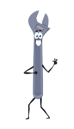Cartoon wrench tool character, construction works and repair vector item. Funny adjustable spanner or wrench character with face, DIY workshop handy tool for construction and fixのイラスト素材