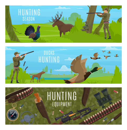 Hunting sport equipment and animals. Vector hunter characters with dog and gun hunting duck birds, elk and grouse, forest trees, meadow and marsh landscape. Cartoon rifle, shotgun, bow and compassのイラスト素材