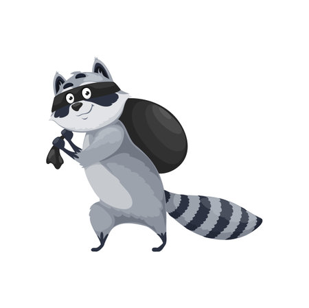 Cartoon raccoon character, isolated vector racoon wild forest animal bandit or thief wear black robber mask carrying big sack with stolen food or things. Coon villain personage for kids book or gameのイラスト素材