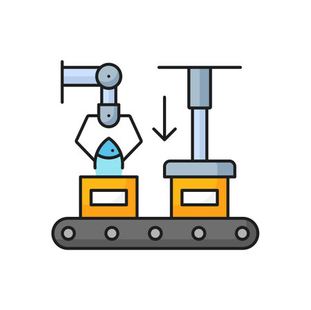 Fishing industry factory conveyor belt line icon. Seafood processing and preserved product manufacture, fishing industry equipment outline vector symbol or sign with robotic hand putting fish in boxのイラスト素材