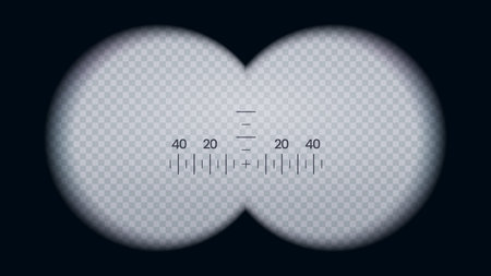 Binoculars view, isolated vector frame in shape of glasses for observation or spying on distant objects with circle lens and focus measurement scale. Optical vision device for magnifying with scaleのイラスト素材